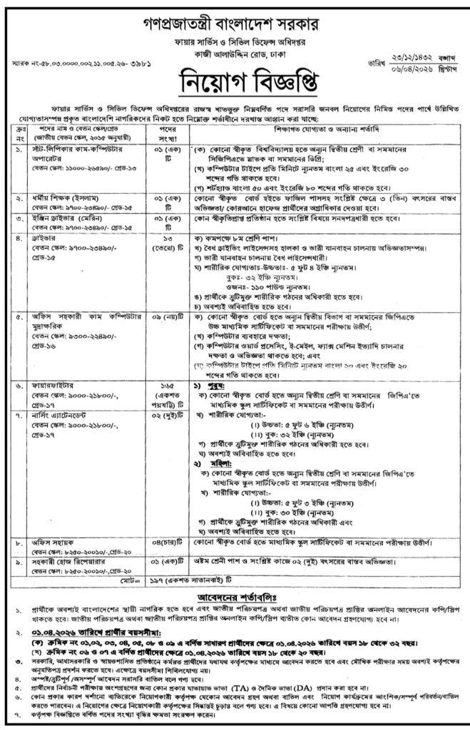 ফায়ার সার্ভিস ও সিভিল ডিফেন্স অধিদপ্তরে নিয়োগ বিজ্ঞপ্তি