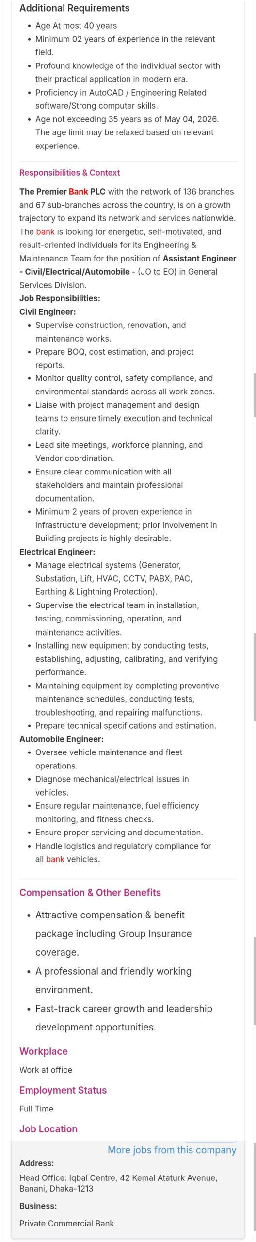 The Premier Bank PLC job circular